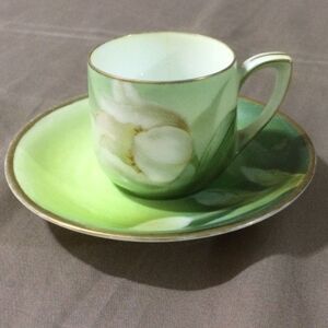 RS Germany Demitasse Cup Saucer Hand Painted White Tulip Green Gold Vintage